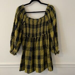 Topshop Green Buffalo Plaid Dress Size 4 Smocked Ruffles Western Grunge Cotton